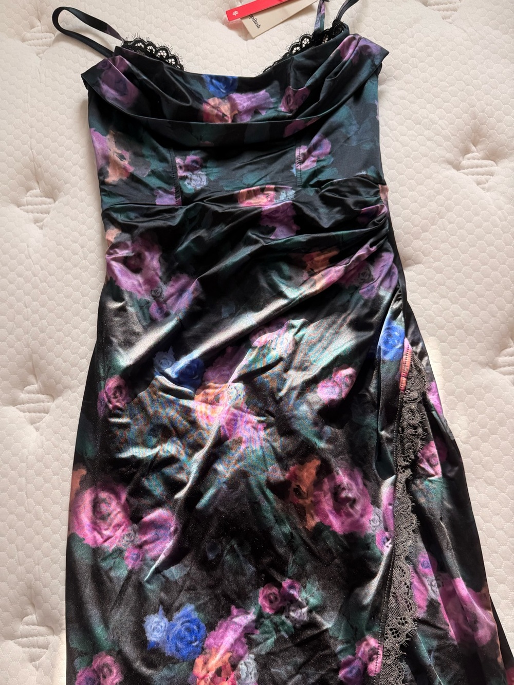 Strapless Satin Floral Slip Dress - Black with Purple & Blue Bloom